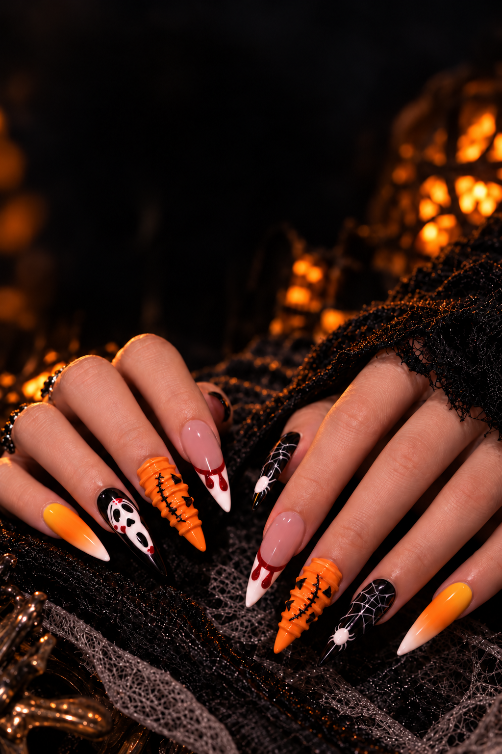 BNAILS Halloween press-on nail collection with orange pumpkin, ghost and spiderweb nail art.
